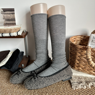 2026浅灰色竖条纹女秋冬拼接格雷系过膝袜中筒袜护膝羊毛堆堆袜子