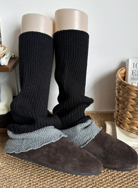 黑色针织袜套女中筒秋冬季设计感粗线喇叭堆堆袜拼色y2k小腿腿套