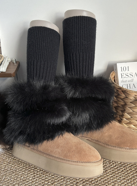 黑色秋冬季雪地靴毛毛袜套女加厚保暖拼接腿套y2k辣妹miu系堆堆袜