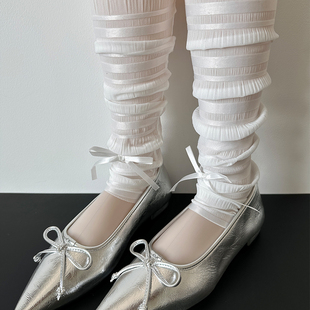 春夏天薄款蝴蝶结袜套冰感甜美芭蕾风纯色腿套堆堆袜ins白小腿袜