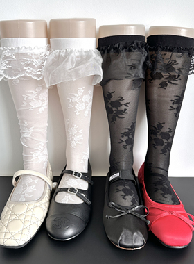 2025芭蕾风黑色暗纹蕾丝花边白小腿袜春夏超薄韩国ins少女中筒袜