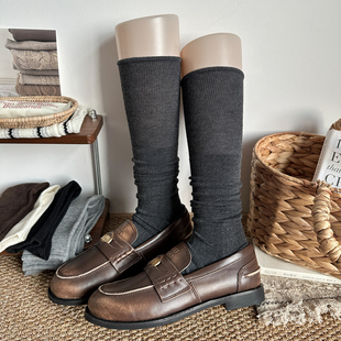 新款 深灰色拼接竖纹小腿堆堆袜子女格雷系秋冬羊毛超火显瘦高筒袜