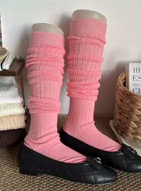 粉色miu系堆堆小腿袜女春秋季薄款纯棉竖纹灰色ins潮时髦中筒袜子