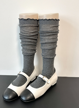 灰色miu袜子女小腿袜蕾丝木耳花边袜jk长筒春秋季薄款白色中筒袜