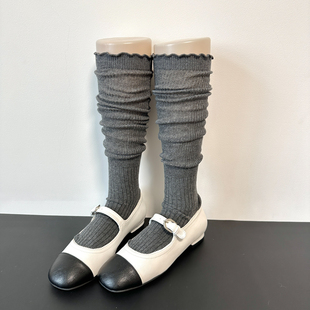 灰色miu袜子女小腿袜蕾丝木耳花边袜jk长筒春秋季 白色中筒袜 薄款