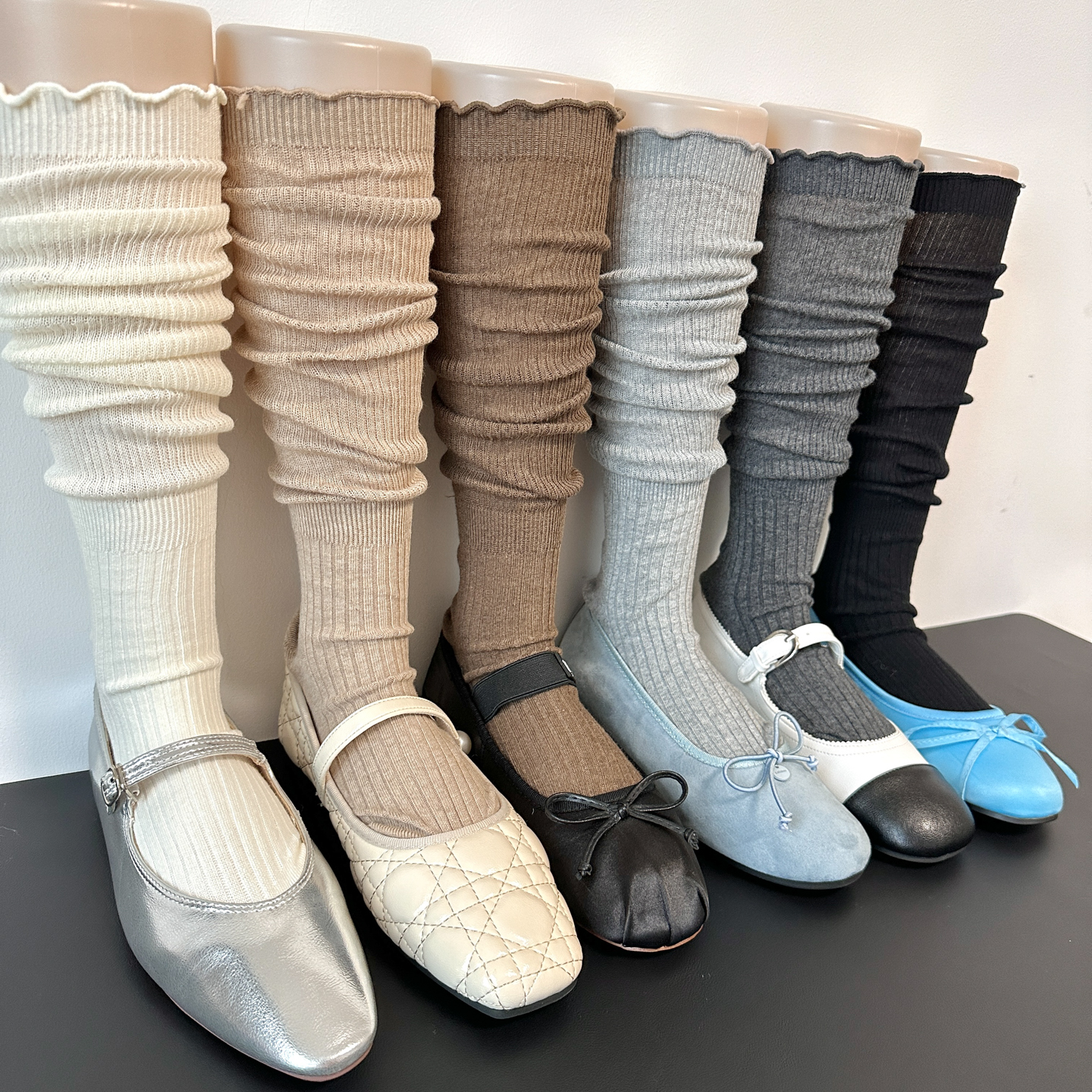 日系jk奶白色卷边咖小腿袜女春秋薄款木耳边芭蕾风中筒袜灰堆堆袜