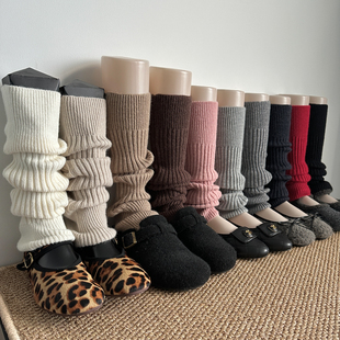 时髦慵懒奶白色袜套女秋冬加厚竖纹保暖复古咖啡护膝针织浅灰腿套