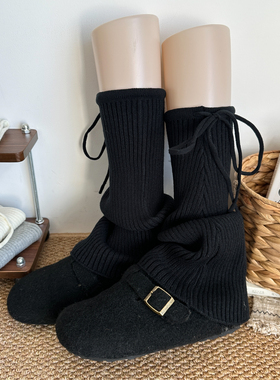 黑色袜套女秋冬竖纹靴套加厚保暖烟灰小腿袜针织米白色中筒袜腿套