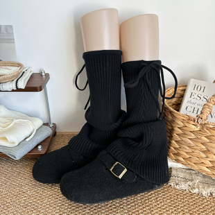 黑色袜套女秋冬竖纹靴套加厚保暖烟灰小腿袜针织米白色中筒袜腿套