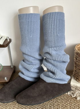 蓝色瑜伽袜套女秋冬季加厚保暖护膝腿套针织羊毛堆堆袜子配鲨鱼裤