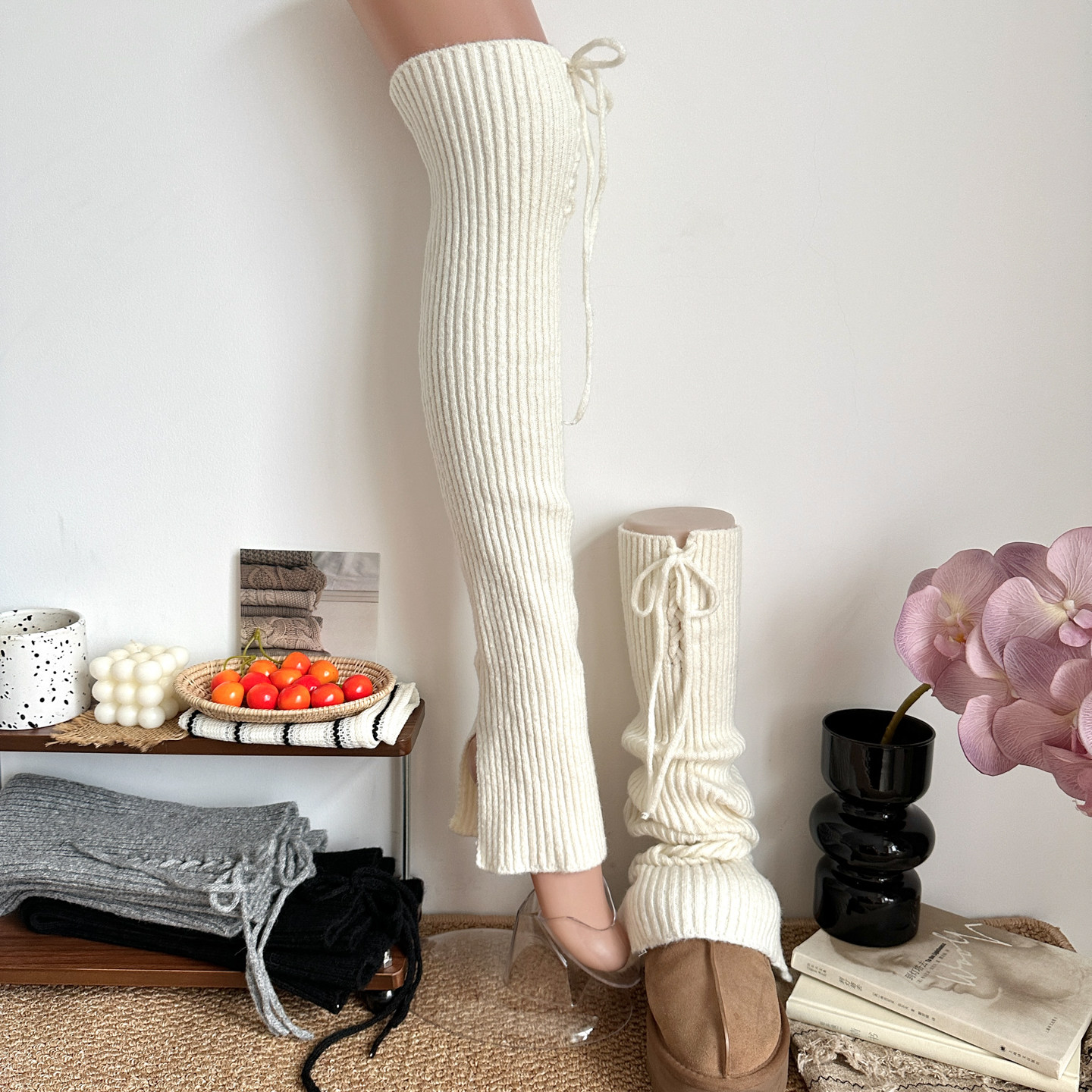 日系jk奶白色中筒袜套秋冬款过膝腿套女针织加厚韩版保暖黑堆堆袜