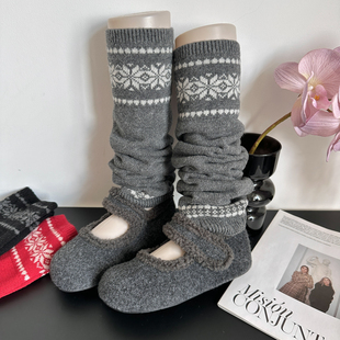 灰色费尔岛雪花针织袜套羊毛秋冬保暖堆堆袜ins韩系叠穿女小腿套