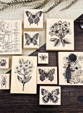 绝版Tim Holtz 美国进口复古木质手柄红色橡胶印章 蝴蝶花朵英文