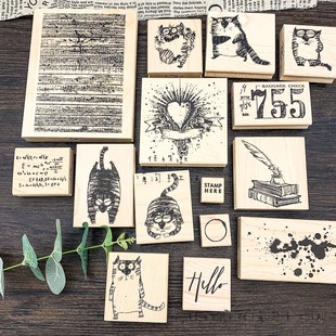 绝版Tim Holtz复古木印章 木质手柄猫咪英文手帐装饰Wood Mounted