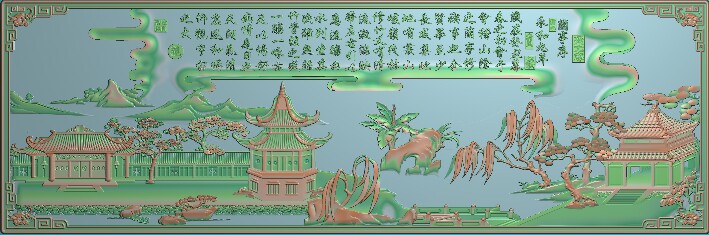沙发大床靠背精雕图jdp办公茶台前板挡板精品兰亭序山水背板木雕图片