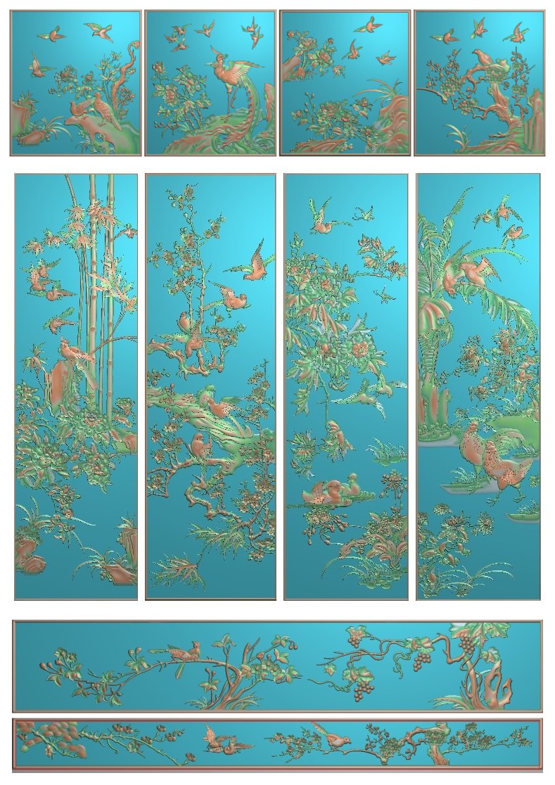 新款四季花花鸟衣柜精雕图灰度图浮雕精品凤凰花鸟顶箱柜全套图2图片