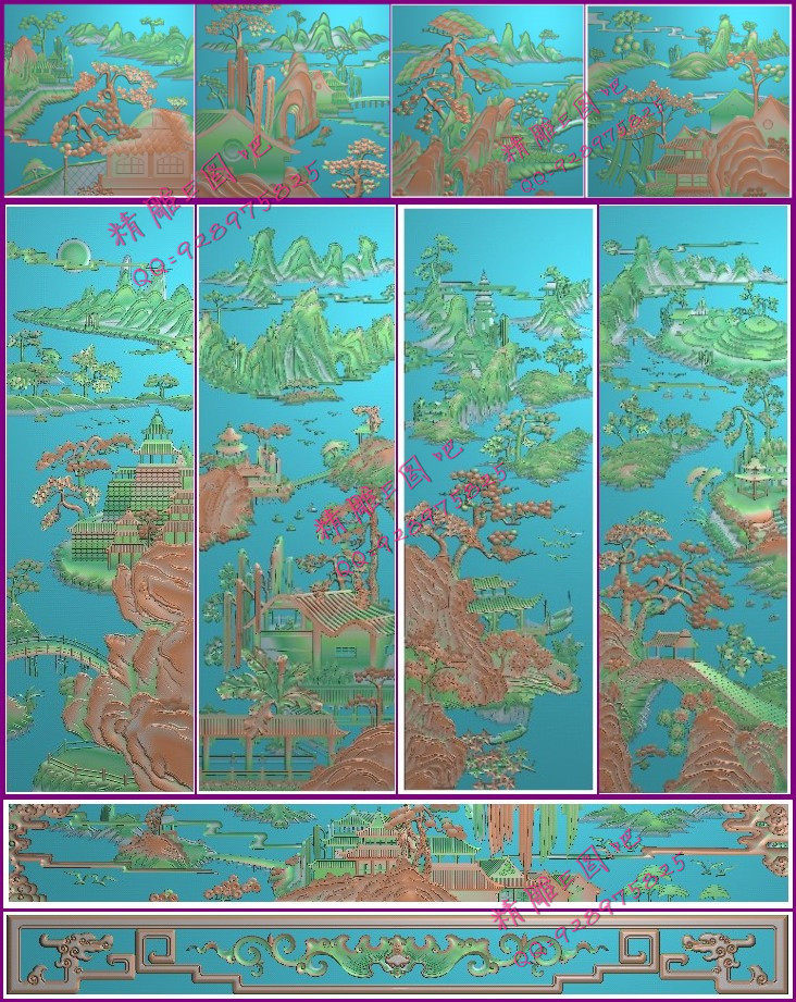 高清设计精雕图jdp灰度图浮雕图山水顶箱柜套图2楼阁房子宝塔拱桥图片
