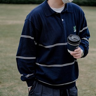男女POLO衫 HOlife春秋条纹主题刺绣图案休闲针织纯棉宽松长袖 国潮