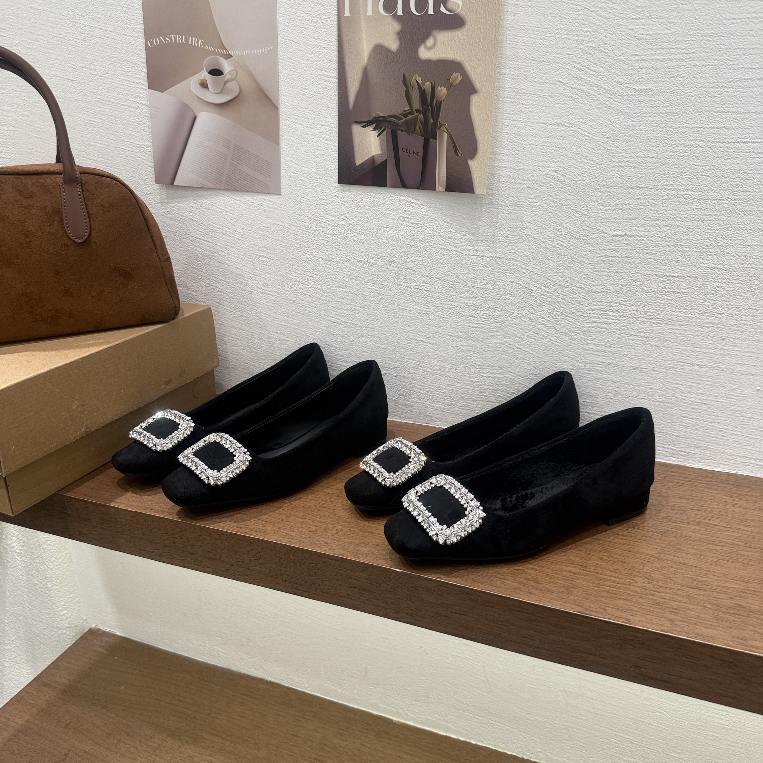 法式低跟套脚气质方头水钻单鞋子2025新款秋冬黑色粗跟通勤女鞋