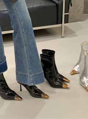 金属头拼色细跟短筒瘦瘦时装靴女秋冬新款高跟性感百搭漆皮短靴