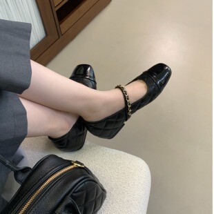 绝美菱格链条女小皮鞋2026春季新品晚晚风单鞋黑色内增高玛丽珍鞋