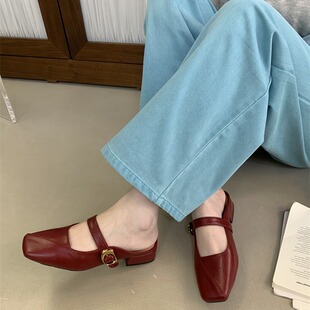 女外穿懒人粗跟方头后空穆勒鞋 一字带包头半拖鞋 新款 2026韩版