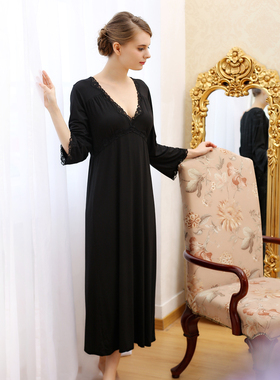 长款莫代尔睡裙带胸垫睡衣女春秋性感长袖家居服大码薄款夏季长裙