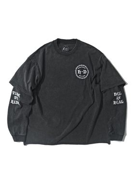 H-D HELL IS REAL  TIME TO RIDE 重磅 水洗做旧 假两件 长袖T恤