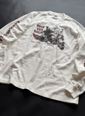 H-D HELL IS REAL Fxxk the rules 复古机车华夫格宽松长袖T恤