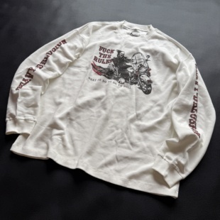 H-D HELL IS REAL Fxxk the rules 复古机车华夫格宽松长袖T恤