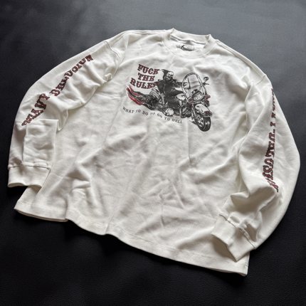 H-D HELL IS REAL Fxxk the rules 复古机车华夫格宽松长袖T恤