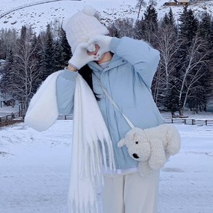 奶蓝色毛领羽绒棉服女款2025新款冬季韩系派克服宽松加厚夹棉棉袄