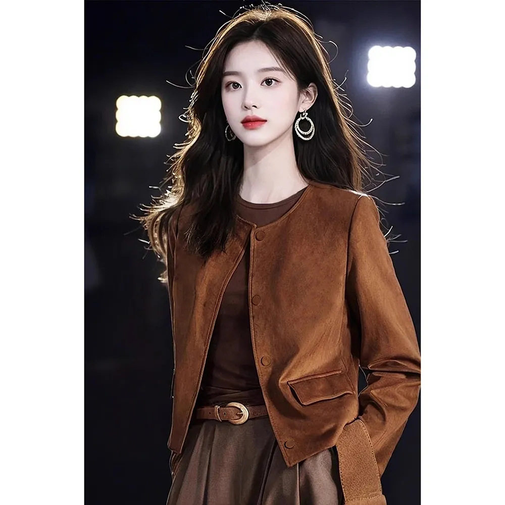2024秋季又酷又飒的美拉德美式复古焦糖色麂皮短外套女设计感,女装/女士精品,短外套,淘宝优惠券,粉丝福利购,淘宝优惠卷