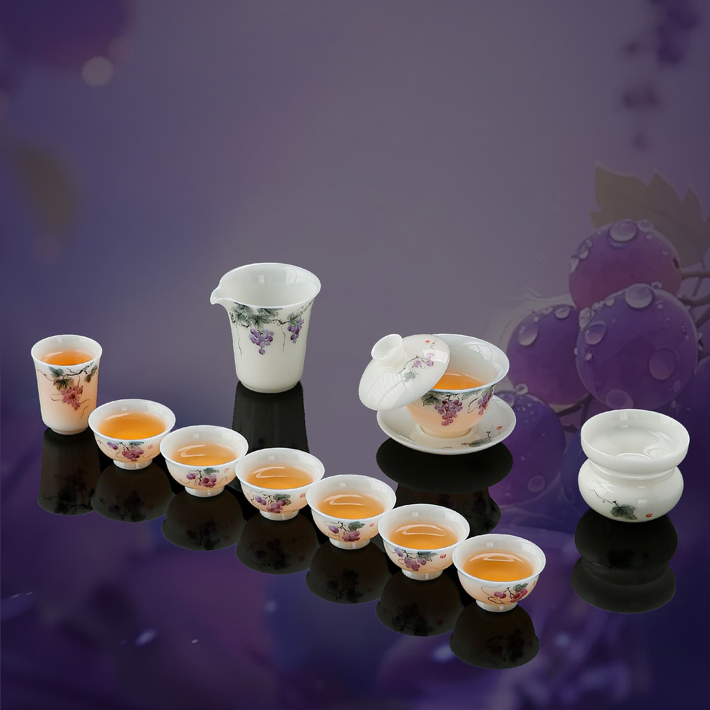 冰种璞玉功夫茶具套装三才盖碗可悬停防烫手礼盒装手绘凌波仙子
