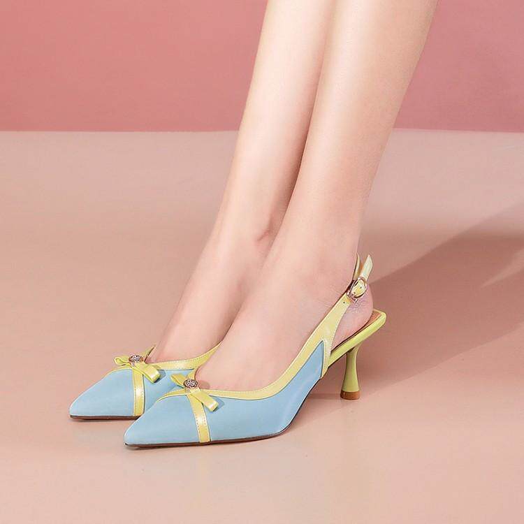 性感优雅拼色牛皮女士高跟鞋 甜美蝴蝶结水钻尖头搭扣凉鞋e830
