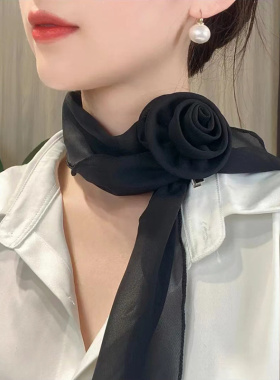 春夏季小围巾新款玫瑰花丝巾女百搭时尚薄款围巾护颈气质百搭围脖
