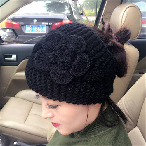 空顶帽套堆堆帽女毛线宽边花朵发带保暖遮白发针织压发洗脸护头套