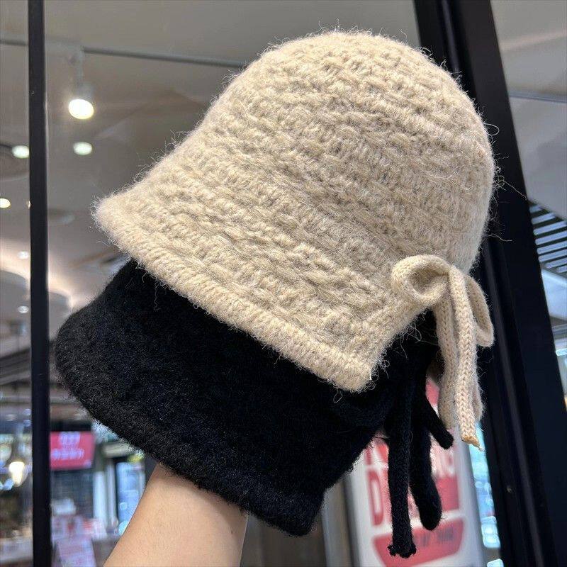 韩版手工蝴蝶结针织渔夫帽女秋冬季百搭纯色水桶帽保暖护耳毛线帽