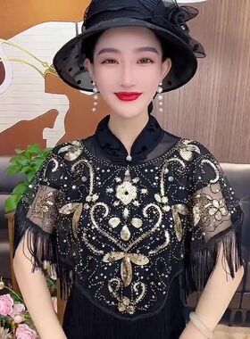 新款夏季流苏套头披肩女时尚百搭亮片星空沙花瓣斗篷优雅气质披风