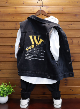 男童牛仔马甲儿童休闲背心外套秋季字母印花刺绣中大童黑色马夹潮