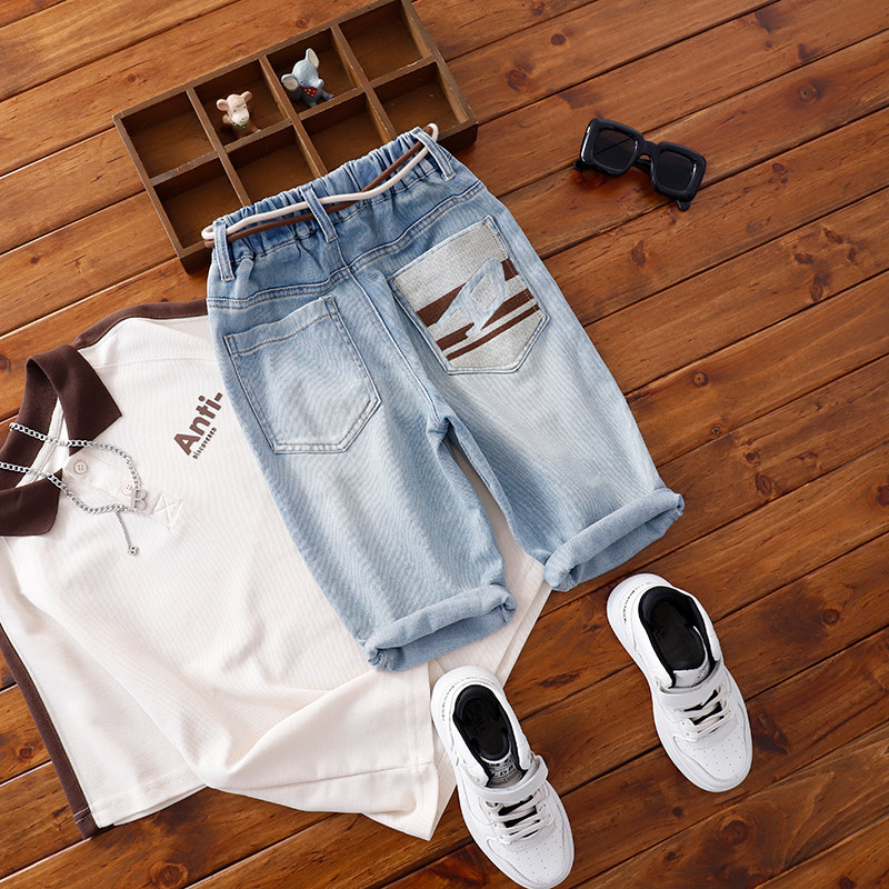 男童牛仔中裤中大童夏季薄款洋气裤子儿童刺绣设计短裤六七分裤潮