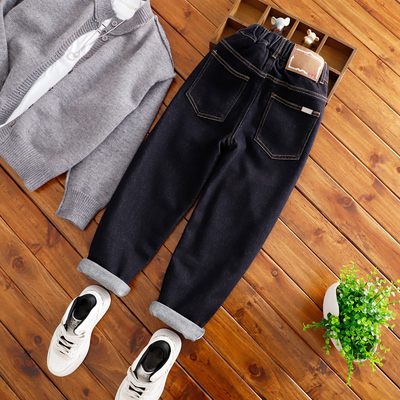 中大童蓝黑色加绒牛仔裤男童裤子