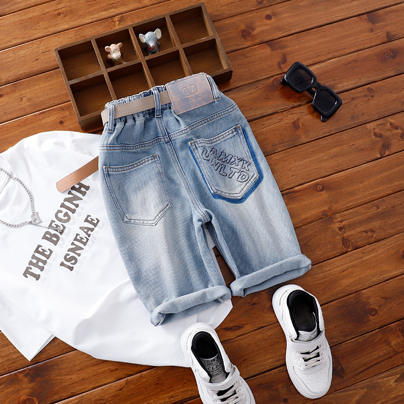儿童软牛仔中裤男童蓝色瘦版短裤中大童夏季薄款五分裤六分裤潮