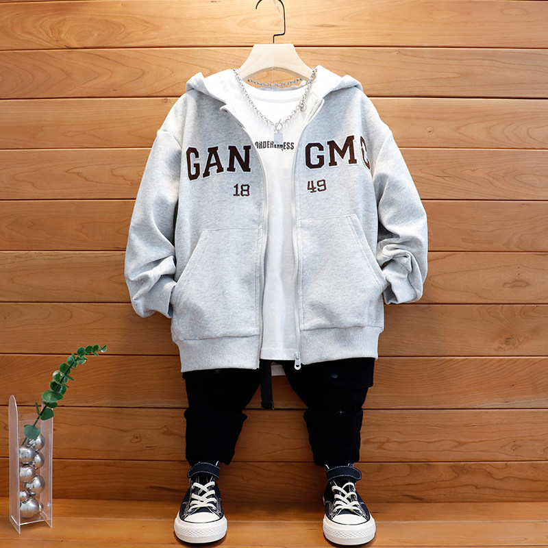 男童连帽外套儿童浅灰洋气拉链衫中大童韩版运动卫衣春秋季上衣