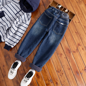 男童加绒牛仔裤儿童蓝色窄版老爹裤男孩不宽不瘦一体绒牛仔小脚裤