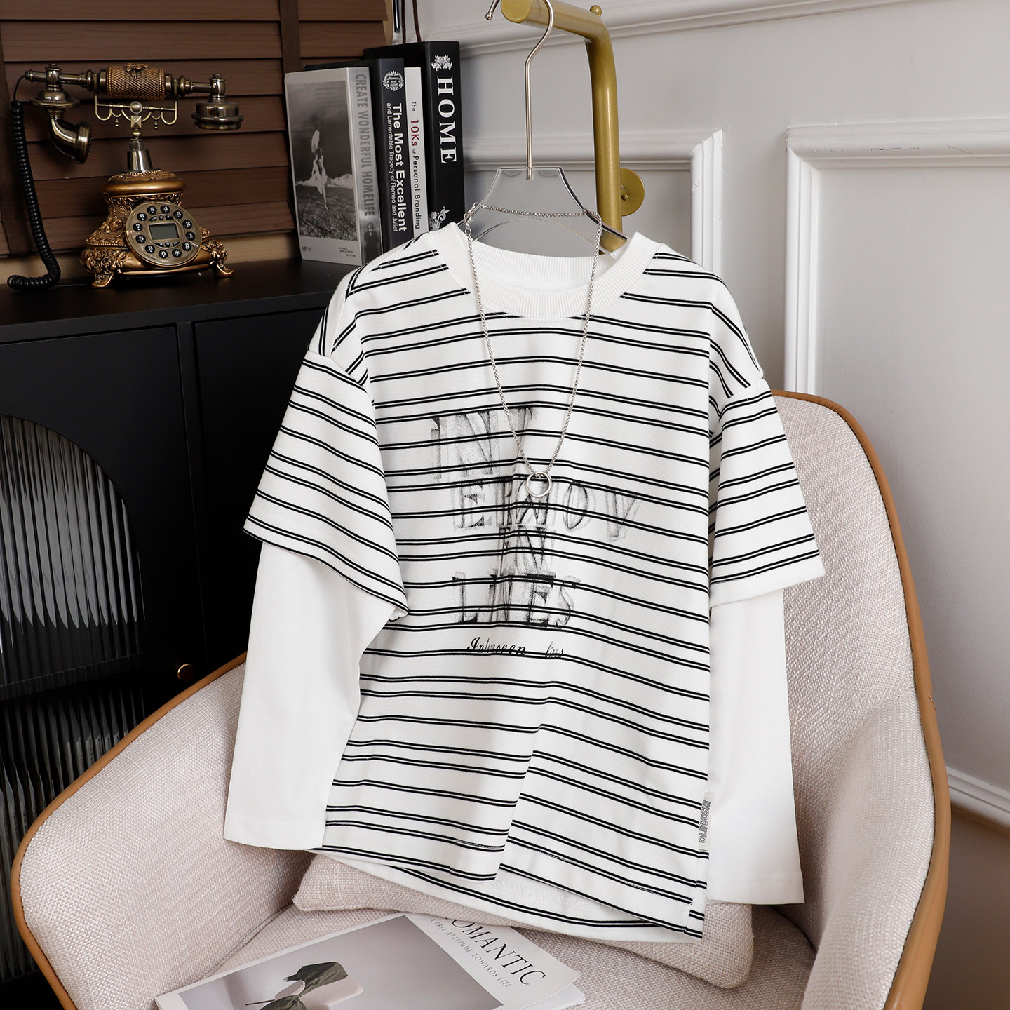 男童条纹假两件T恤中大童圆领套头儿童帅气休闲上衣春秋款童装