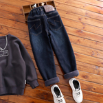 中大童牛仔裤男童蓝黑色一体绒裤子儿童加绒窄版老爹裤牛仔长裤冬