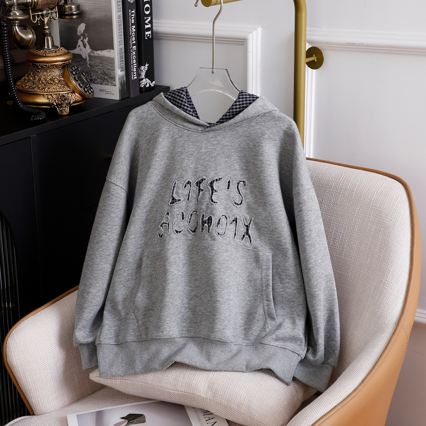 男童灰色连帽卫衣中大童2025秋季儿童拼格帽衫潮童洋气上衣