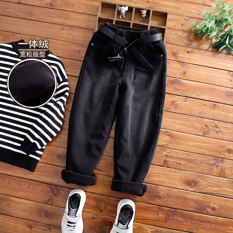 男童加绒牛仔裤中大童加厚宽松黑裤子冬装儿童一体绒韩版保暖长裤