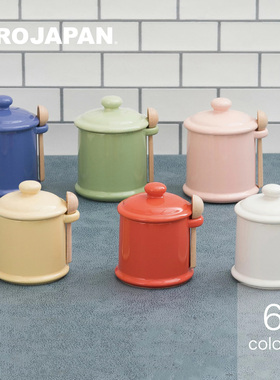 日本进口zerojapan美浓烧陶瓷密封咖啡盐糖食品调料罐带木勺300ML